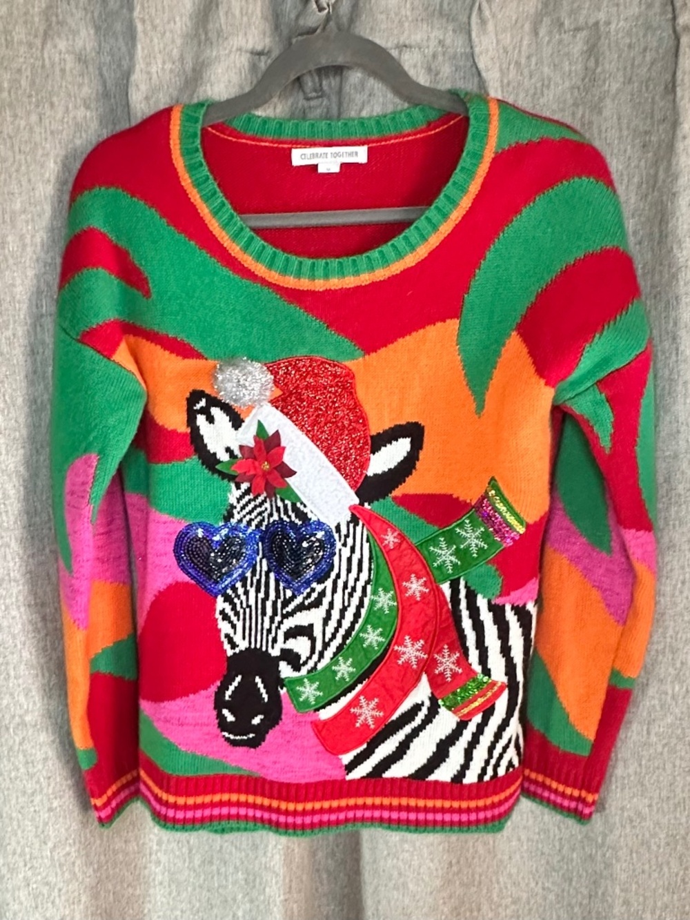 Celebrate Together Zebra Ugly Christmas Sweater - Sequin & Pom Pom Accents - Med